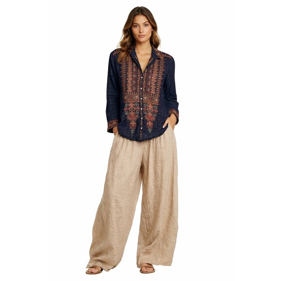 Johnny Was Tops - Johnny Was Embroidered Button Up Blouse Shirt Dark Blue Fall Boho Cotton Blend M